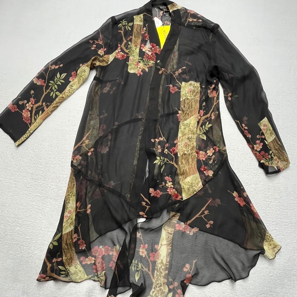 Citron Santa Monica Silk Floral Beaded Duster‎ Cardigan Black Red High Low NEW